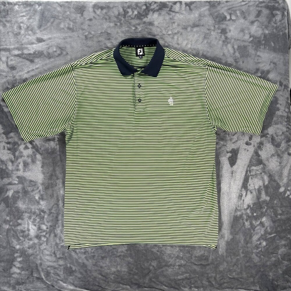 FootJoy Golf Polo Shirt Men XL Green Navy Stripe AAM 1898 Logo Stretch EUC